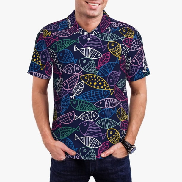 Fotbe Cute Line Fish Camiseta Polo de Golf para Hombre con Estampado – Camisa Deportiva Transpirable con Cuello Abotonado-Medium