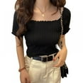 thumbnail image 4 of Maynos Women's Slash Neck Solid Short Sleeve Knitted Ruffles Crop Top, 4 of 11