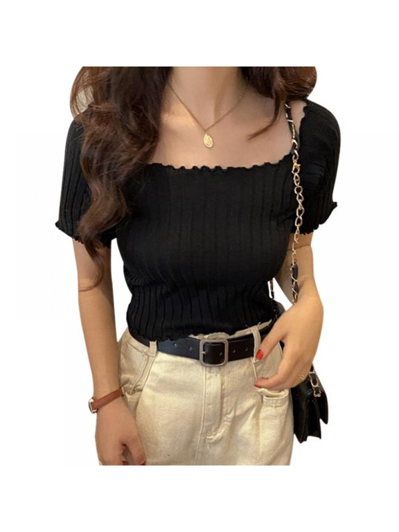 Women's Off Shoulder Short Solid T-shirt Sleeve Knitted Ruffles Crop Top Black