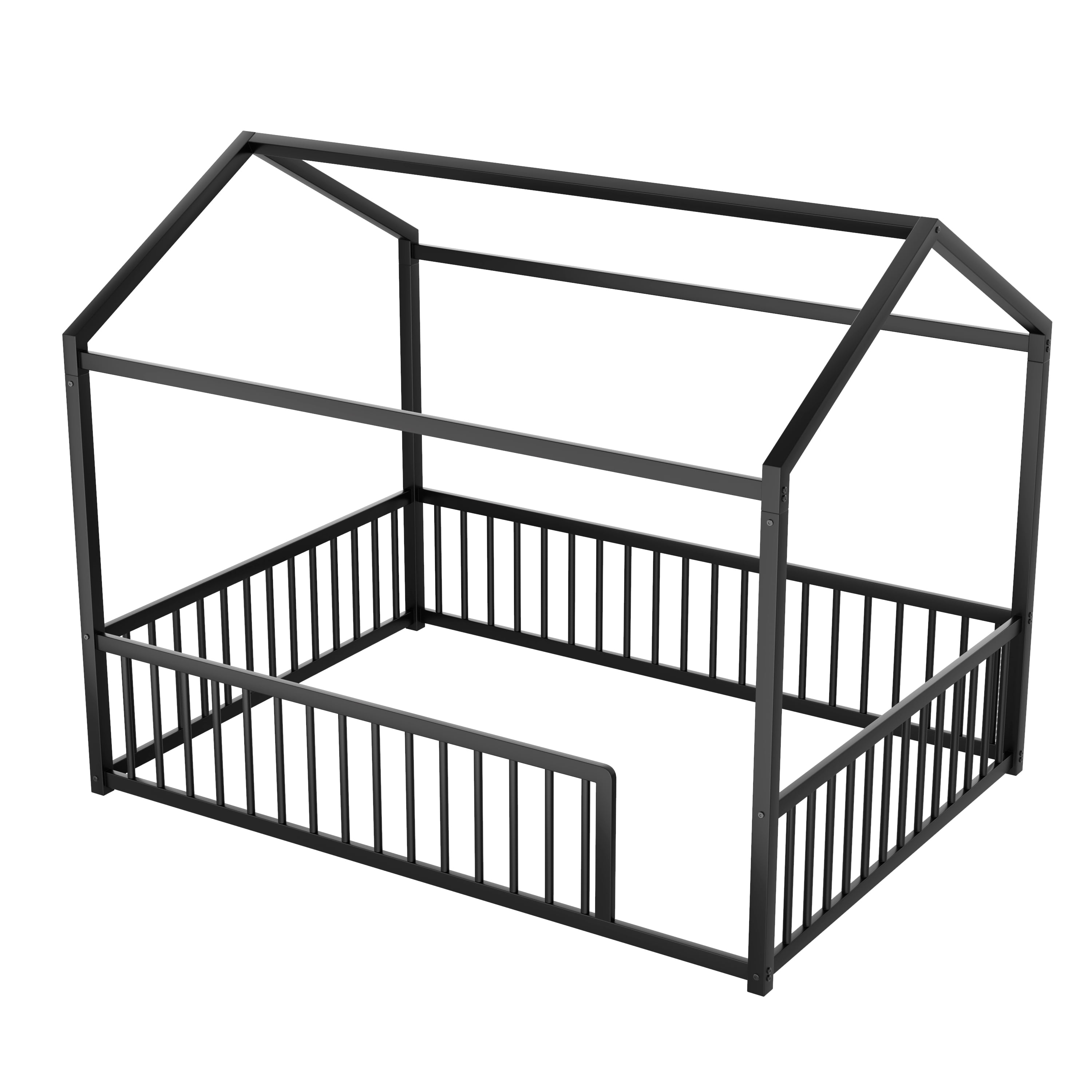 Euroco Metal Full Size Canopy Bed, Low Profile House Bed with Guardrails, Black