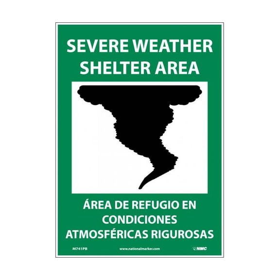 NMC Signs M741Pb, Severe Weather Shelter Area Sign - Bilingual, 14 X 10, Pressure Sensitive Vinyl .0045