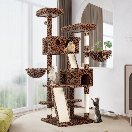 Amolife 65.7 Large Cat Tree and Tower Condo for Indoor Cats with 2 Scratching Boards Hammock & Post Leopard Print