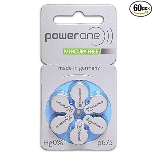 PowerOne Mercury Free Hearing Aid Batteries Size 675 - Pack of 60 + Free Battery Caddy