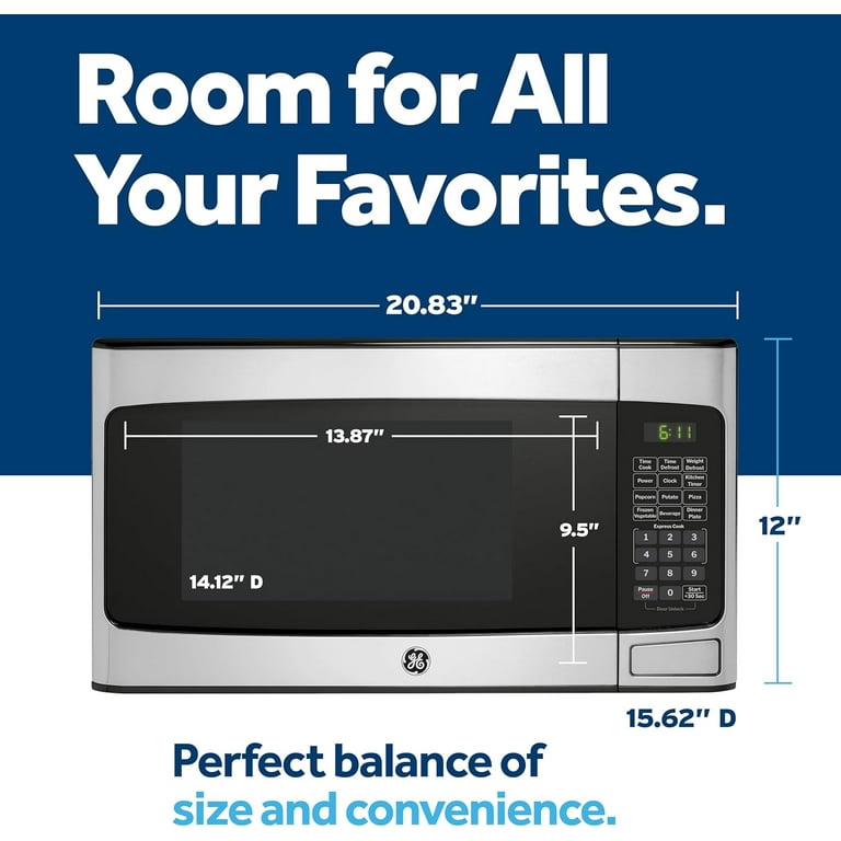 GE Countertop Microwave Oven, Compact 1.1 Cubic Ft., 950-watt Capacity, 6 Auto Cooking Settings, Child-Lock Technology, Kitchen Essentials for the Countertop, Dorm Room or Apartment, Stainless Steel