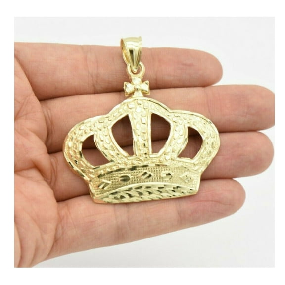 2 1/4" Diamond-Cut Nugget Crown Pendant Women’s Adult Charm Real 10K Yellow Gold 8.55 Gr, Goldum NYC
