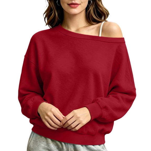 Nugftut Sweatshirts for Women Off Shoulder Fleece Crewneck Casual Long Sleeve Shirts Loose Fit Tops