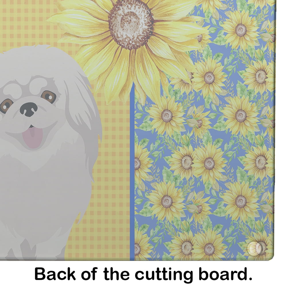 Summer Sunflowers White Pekingese Glass Cutting Board Large 12 in x 15 in