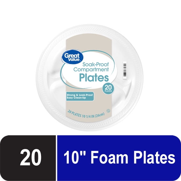 Great Value Everyday Disposable Foam Compartment Plates, 10 in, 20 ct