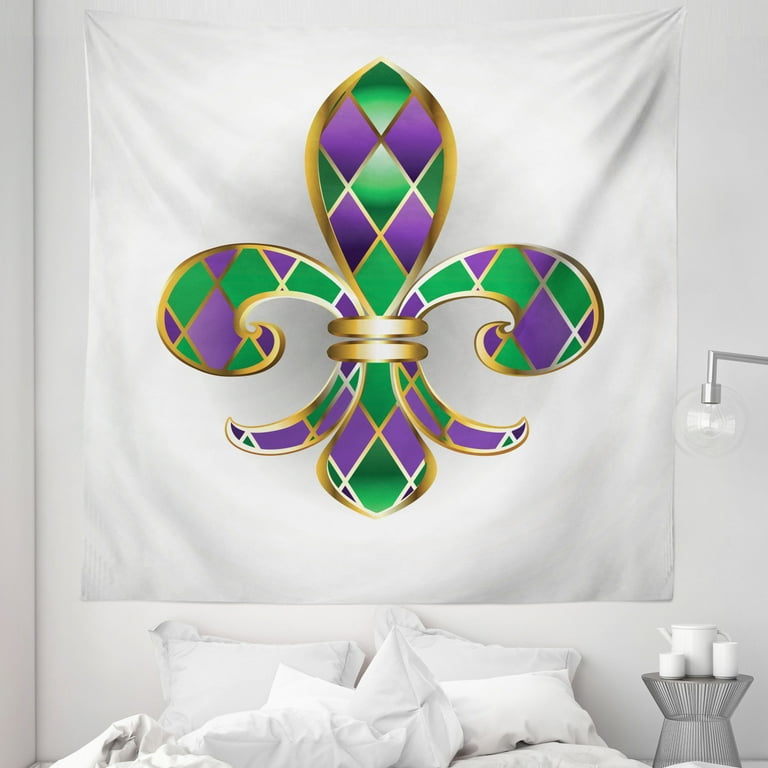 Fleur De Lis Tapestry Golden Yellow Colored Lily Diamond Shapes Royalty Theme Fabric Wall Hanging Decor for Bedroom Living Room Dorm 5 Sizes
