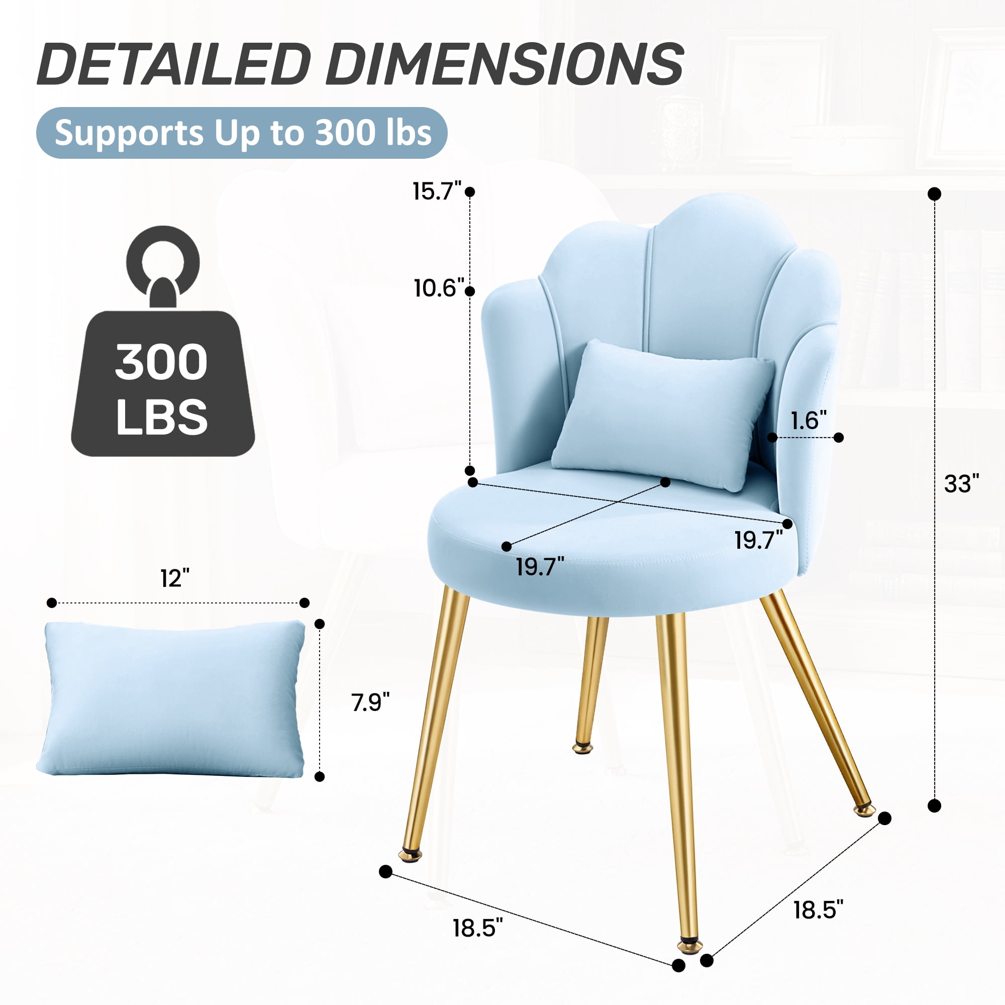 COOLHUT Petal Velvet Vanity Chair, Flower Cute Girls Mack Up Vanity Stool Chair with Lumber Pillow and Adustable Gold Legs, Upholstered Small Desk Chair for Living Room Bedroom Home Office, Blue