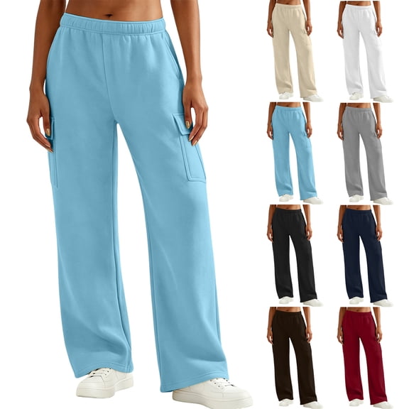 CaComMARK PI Cargo Sweatpants for Women Wide Leg Baggy Drawstring High Waisted Pants Casual Loose Sweatpants with Pockets White