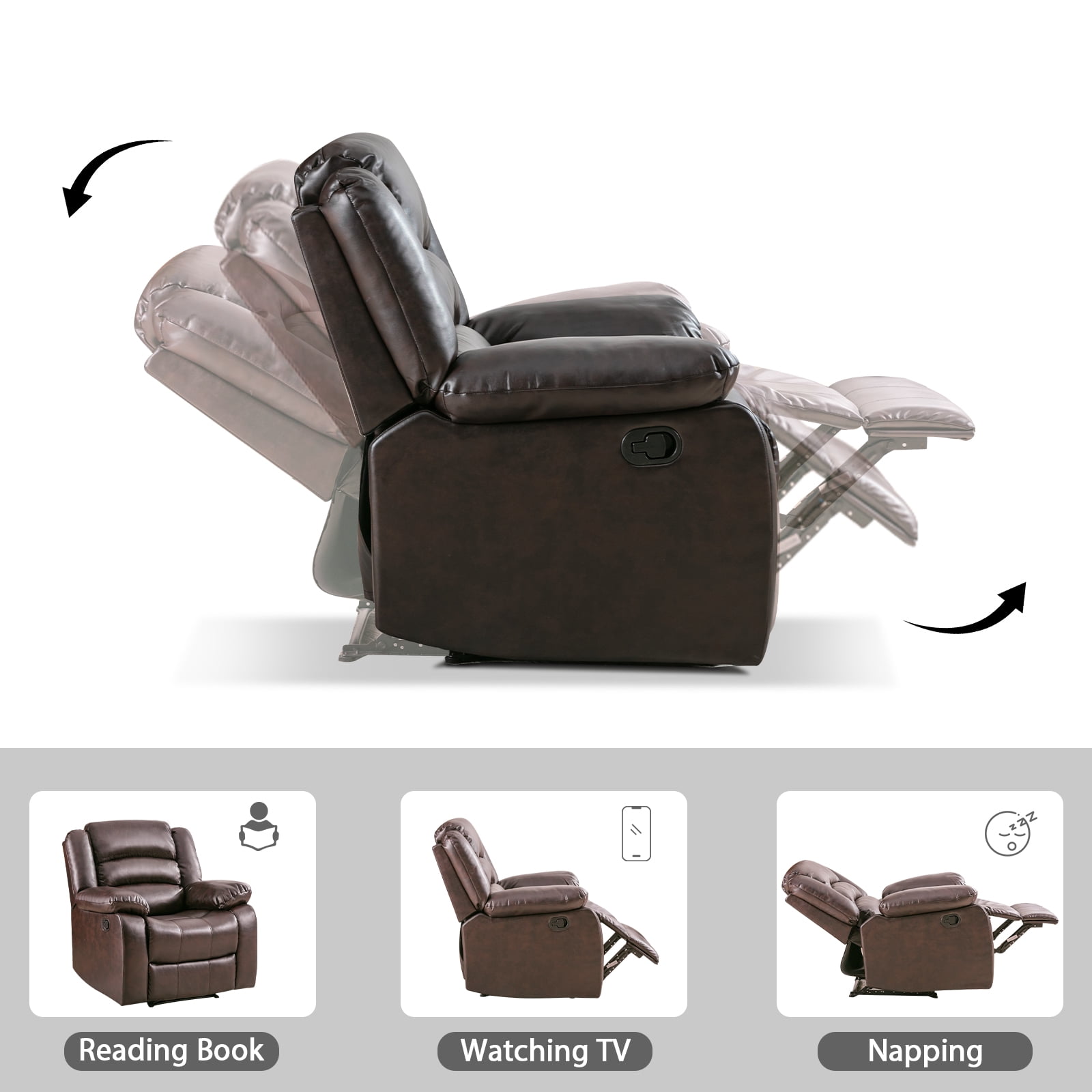 Bonzy Home Recliner Comfortable Arms and Back Faux Leather Single Reclining Modern Chair Sofa for Living Room Bedroom, Brown