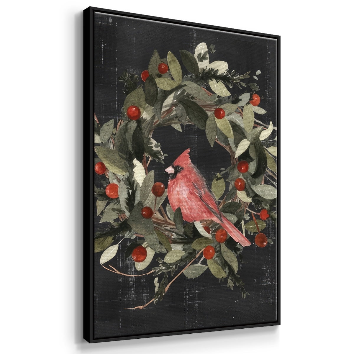 Christmas Cardinal I - Framed Gallery Wrapped Holiday Canvas - 25 x 37 - Black Frame