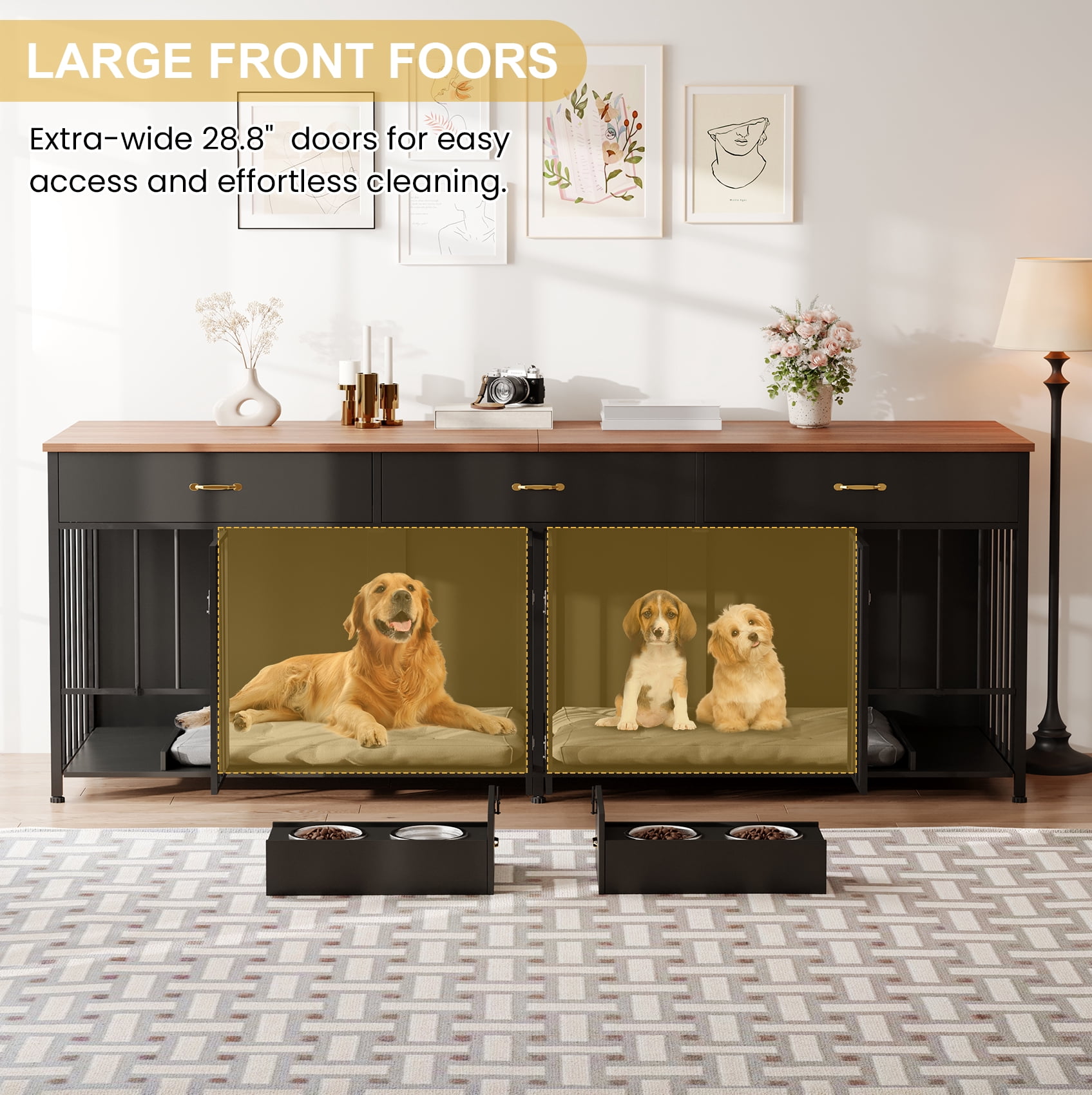 MOWPEX Extra Large Dog Crate Furniture with Feeder & 3 Drawers, 91.6" L, Heavy Duty Double Dog Kennel Furniture for Small, Medium & Large Dogs, Sturdy Black Pet Crate Table with Storage