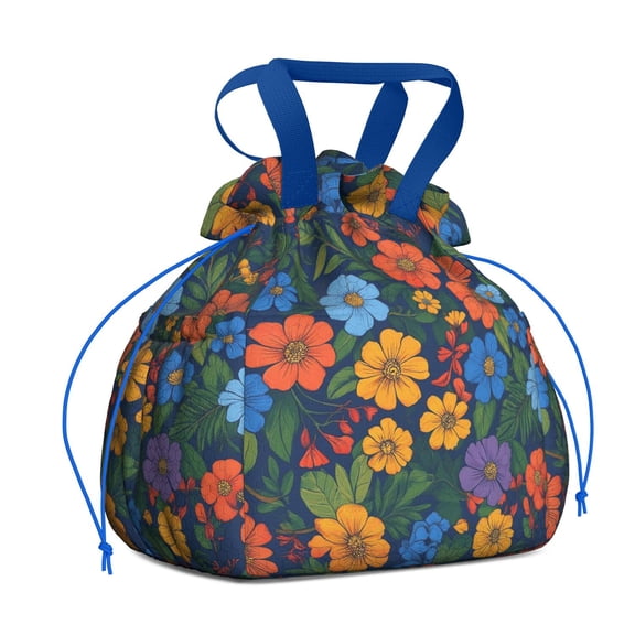 Pioneer Flower Drawstring Lunch Bag Women - Drawstring Lunch Bag Insulated for Work Office - Stain-Resistant Large Lunchbags for Women with Multi-Pockets