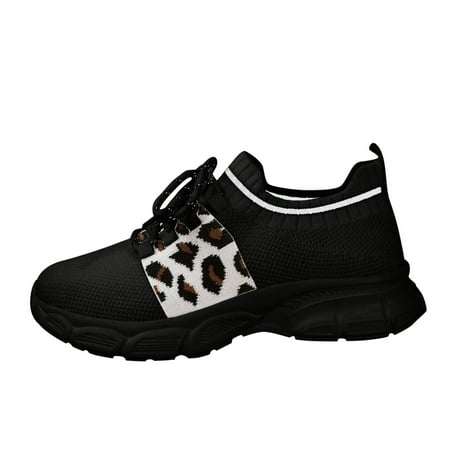 

Ladies Fashion Breathable Knitted Leopard Print Lace Up Thick Sole Casual Sports Shoes