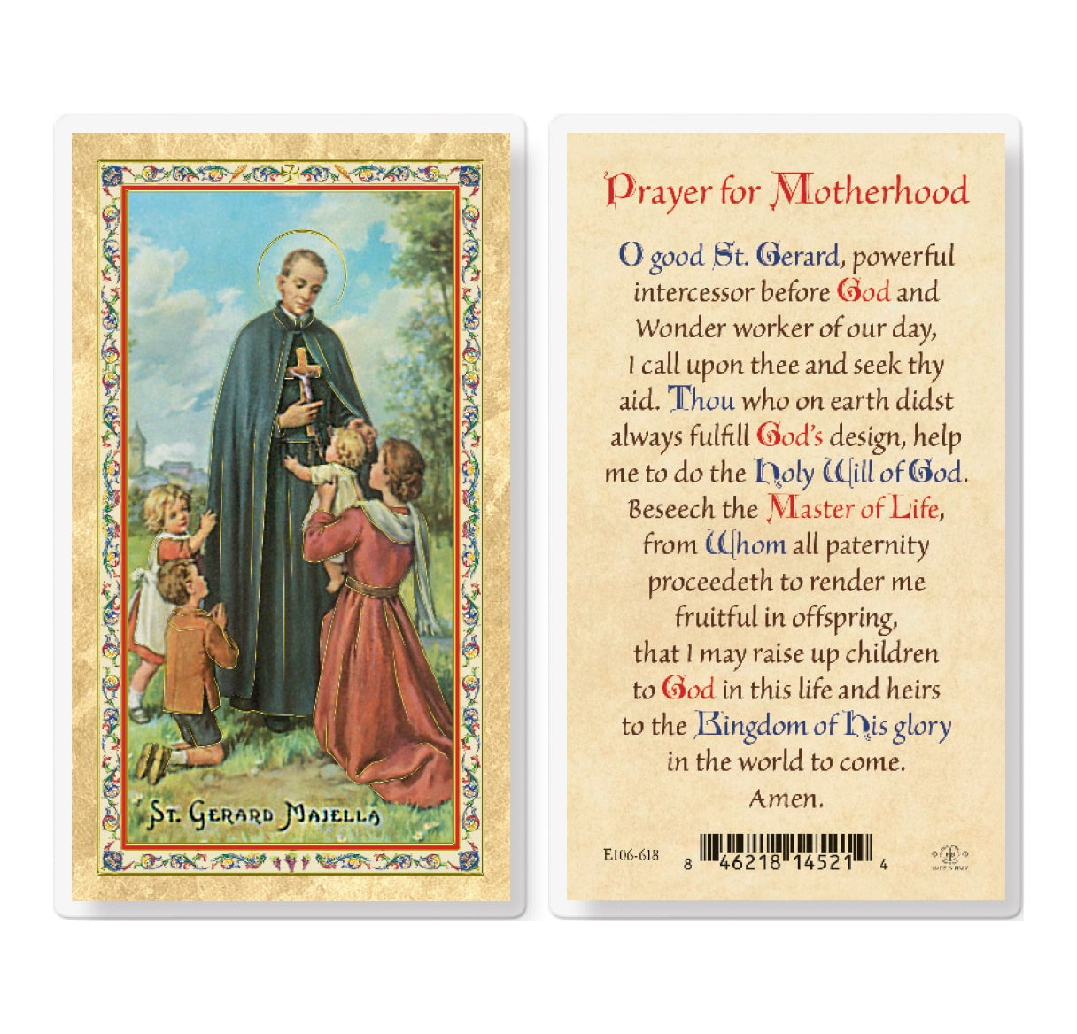 St. Gerard Motherhood Prayer GoldStamped Laminated Catholic Prayer