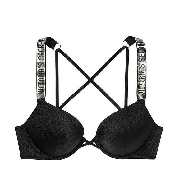 32AA VICTORIA'S SECRET Shine Strap Bombshell Add-2-cups Push-Up Swim Bra Top Black Crystal Band