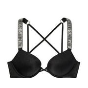 32C VICTORIA'S SECRET Shine Strap Bombshell Add-2-cups Push-Up Swim Bra Top Black Crystal Band