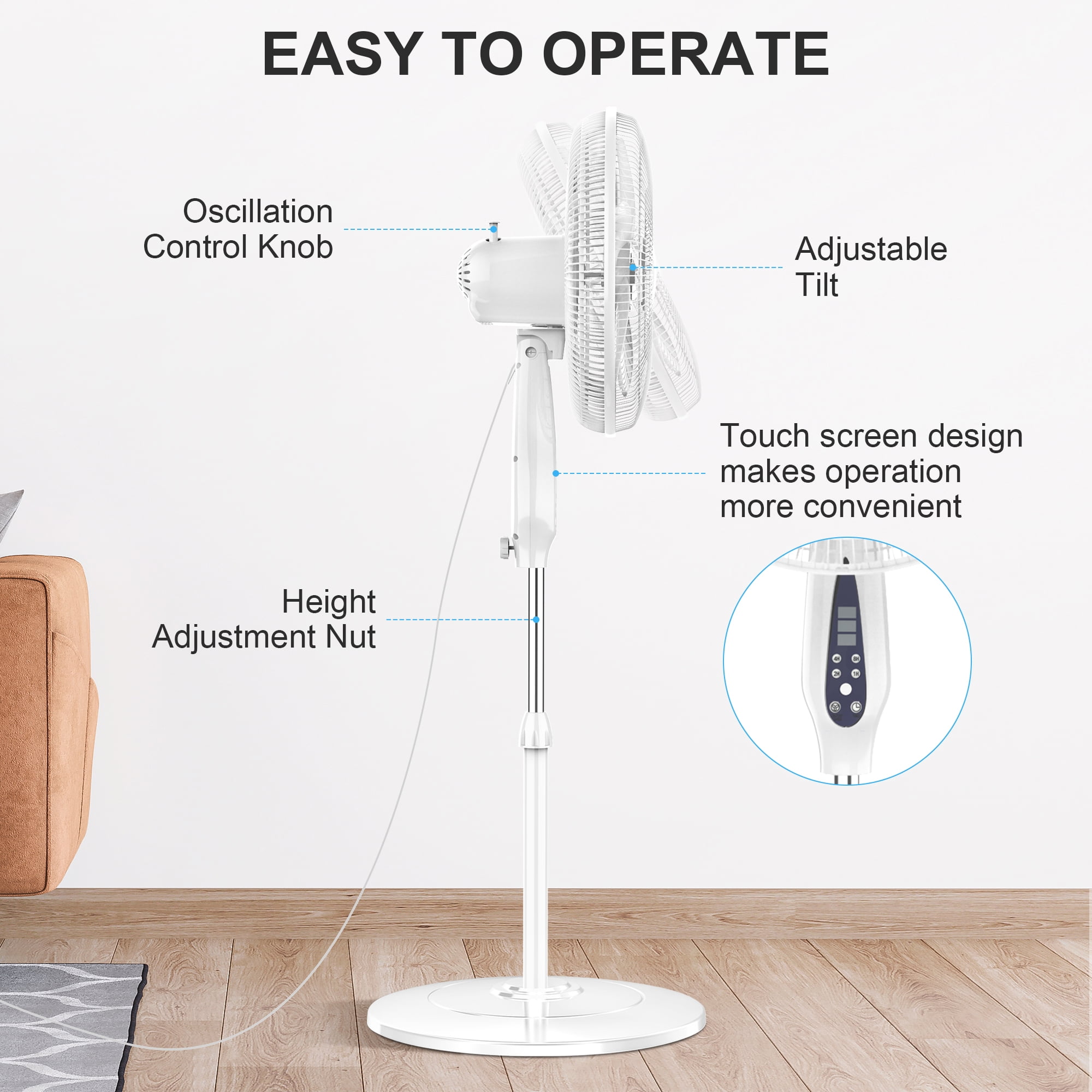 16" Pedestal Fan with Remote, 3-Speed Oscillating Fan, Adjustable Height and Tilt, 40"- 46" Electric Cooling Portable Fan for Home Office Bedroom Use
