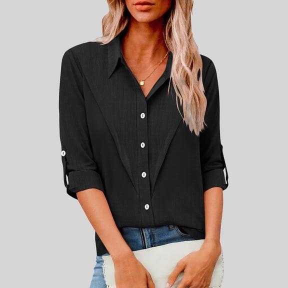 Women's Loose Fit Linen-Look Tunic Blouse with Lapel and Long Sleeves for Summer
