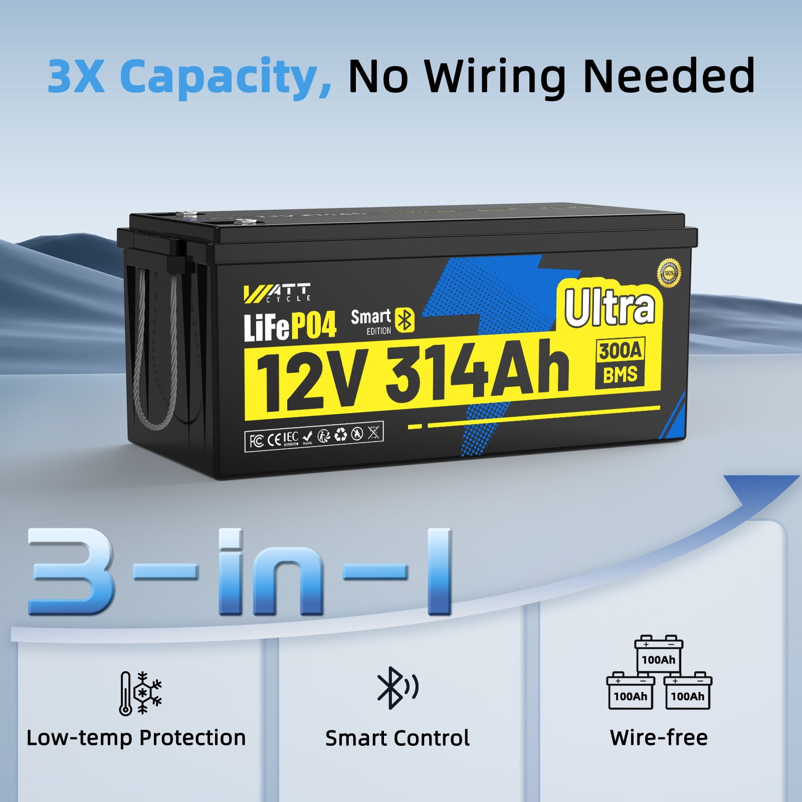 WattCycle 12V 300Ah Bluetooth LiFePO4 RV Battery(314Ah) with LiFePO4 Batteries Charger for RV/Home Energy Storage/Solar/Off-Grid, 300A BMS, LiFePO4 Lithium RV Batteries, 5-Year Warranty, 4 Pack