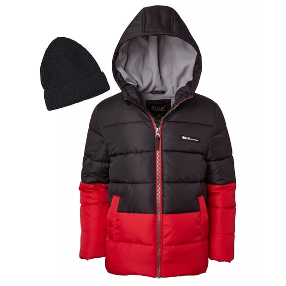 Big Boys Color Block Red/Black Ripstop Puffer Jacket w/Beanie XL