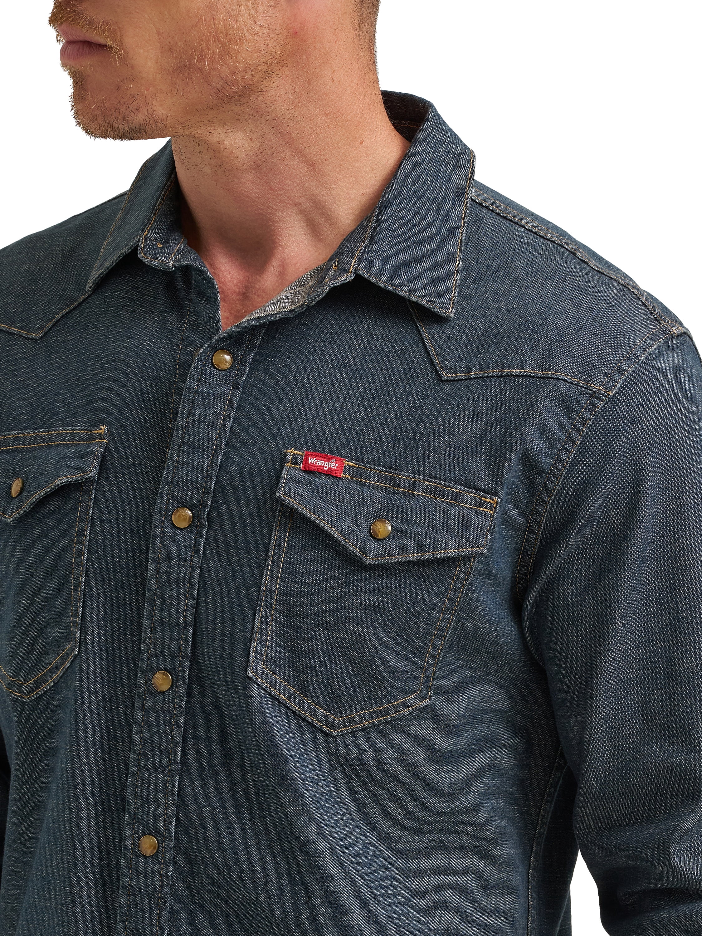 Wrangler® Men's Slim Fit Long Sleeve Woven Twill Denim Shirt with Sunglasses Cleaner, Sizes S-5XL