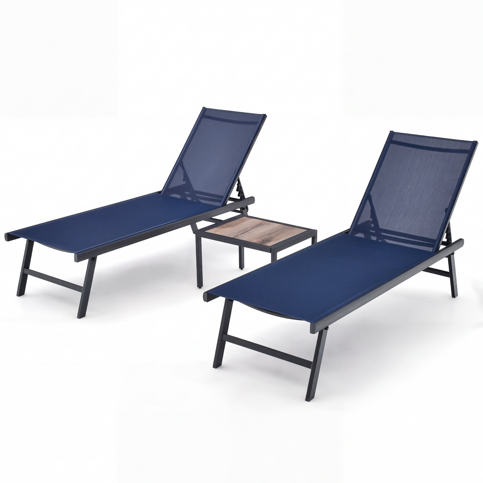 Furnibear 3 Piece Patio Chaise Lounge Set of 2 with Adjustable Backrest Aluminum Frame Breathable Seat and DPC Side Table for Poolside Yard, Navy
