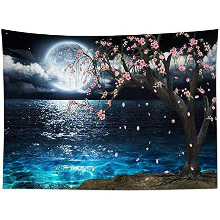 Blue Ocean Tapestry Wall Hanging Moon in Starry Sky with Sea Nature Scenery Tapestry for Bedroom Pink Flower Tree Tapestry for Living Room Dorm Wall