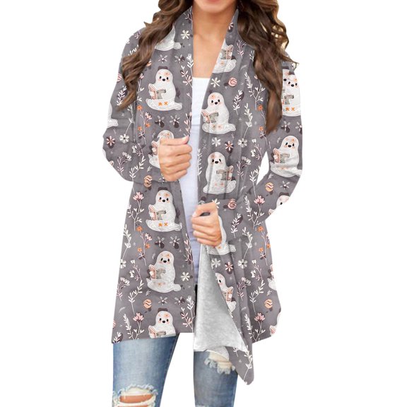 Kilaqueen Open Front Cardigan for Women Halloween Long Sleeve Spooky Season Lightweight Knit Cardigan Cute Pumpkin Cat Skeleton Print Outwear Coat