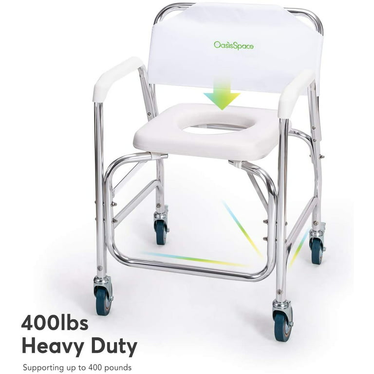 Oasisspace Rolling Shower Chair 400 lb, Transport Chair with Wheels and Padded Seat Rolling Commode, Size: 23 x 21.6 x 32 Inche, White
