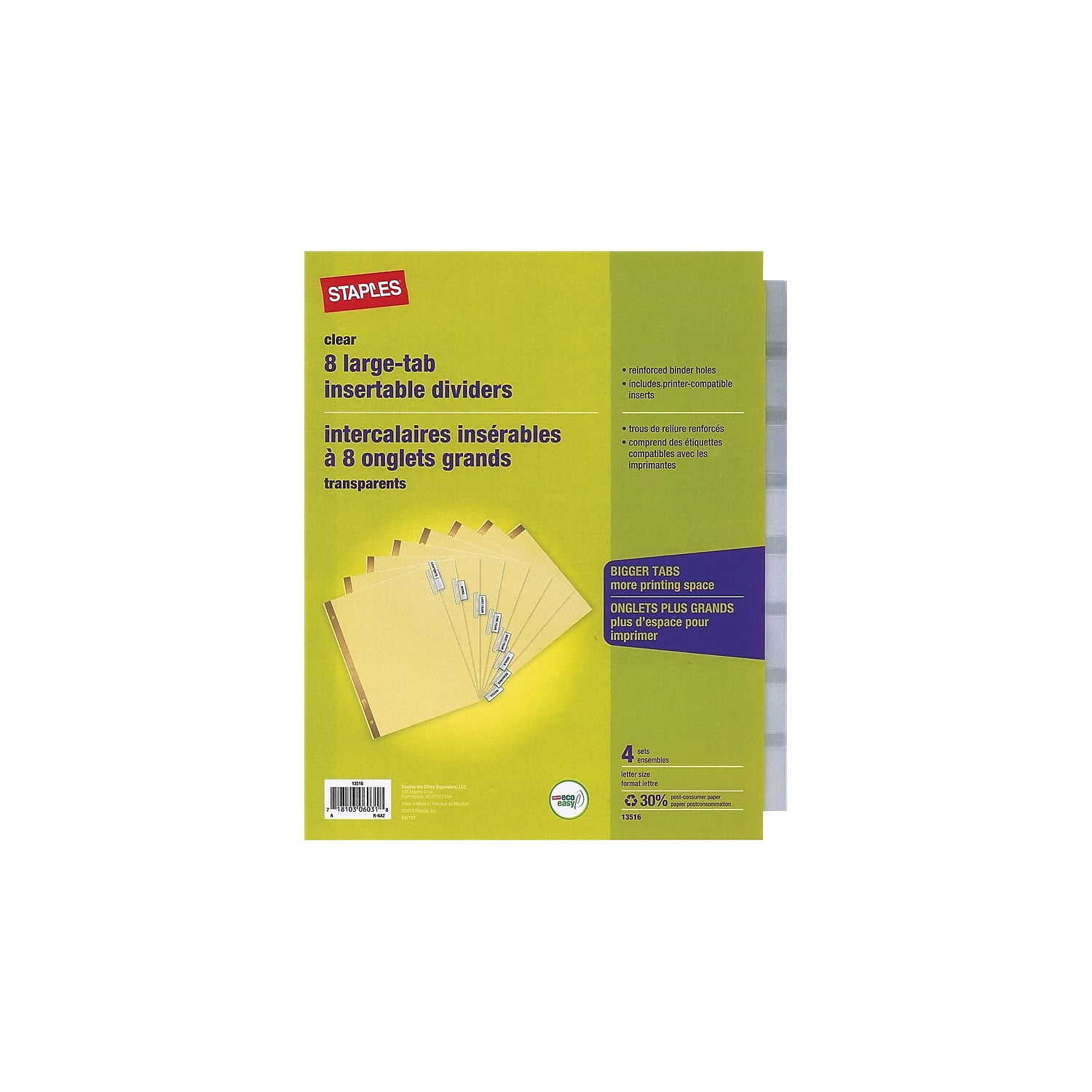 Staples Big Tab Blank Paper Dividers 8-Tab Clear 4/Pack (13516/14482) 431424