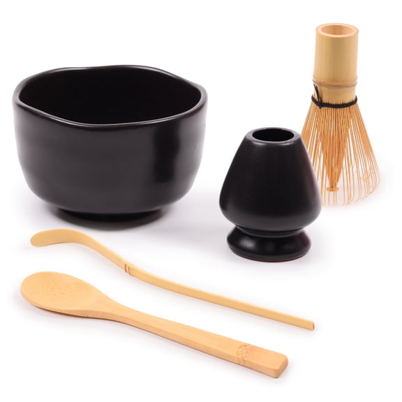 BambooMN Matcha Bowl Set (Includes Bowl, Rest,Tea Whisk, Chasaku, & Tea Spoon) 1 Set Black