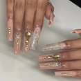 thumbnail image 1 of ZHAOCHENG Uñas postizas largas de lámina dorada de mármol con diamantes de imitación amarillos (24 piezas), uñas postizas de lámina dorada, uñas acrílicas, 24 piezas para mujeres y niñas, parches de u, 1 of 5