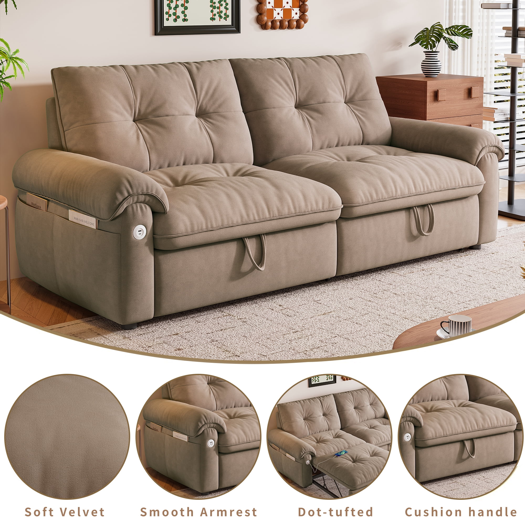 LLappuil 77" Pull Out Sofa Bed Queen Size, Loveseat Sofa Convertible Sleeper Sofa Bed, Flannelette Fabric Sofa Couch for Living Room Brown