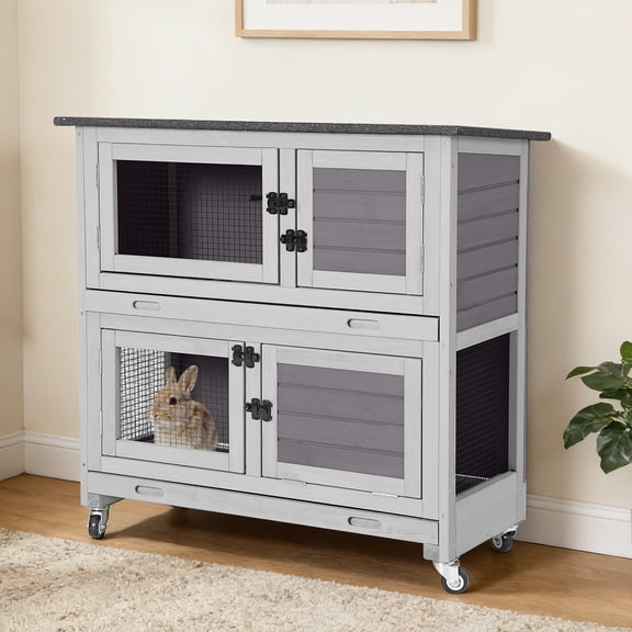 Suumerpety Wooden Rabbit Hutch on Wheels Indoor Outdoor Rabbit Cage 2 Story Bunny Hutch with Leakproof Tray Anti Chew Ramp 36"L Guinea Pig Cage Gray