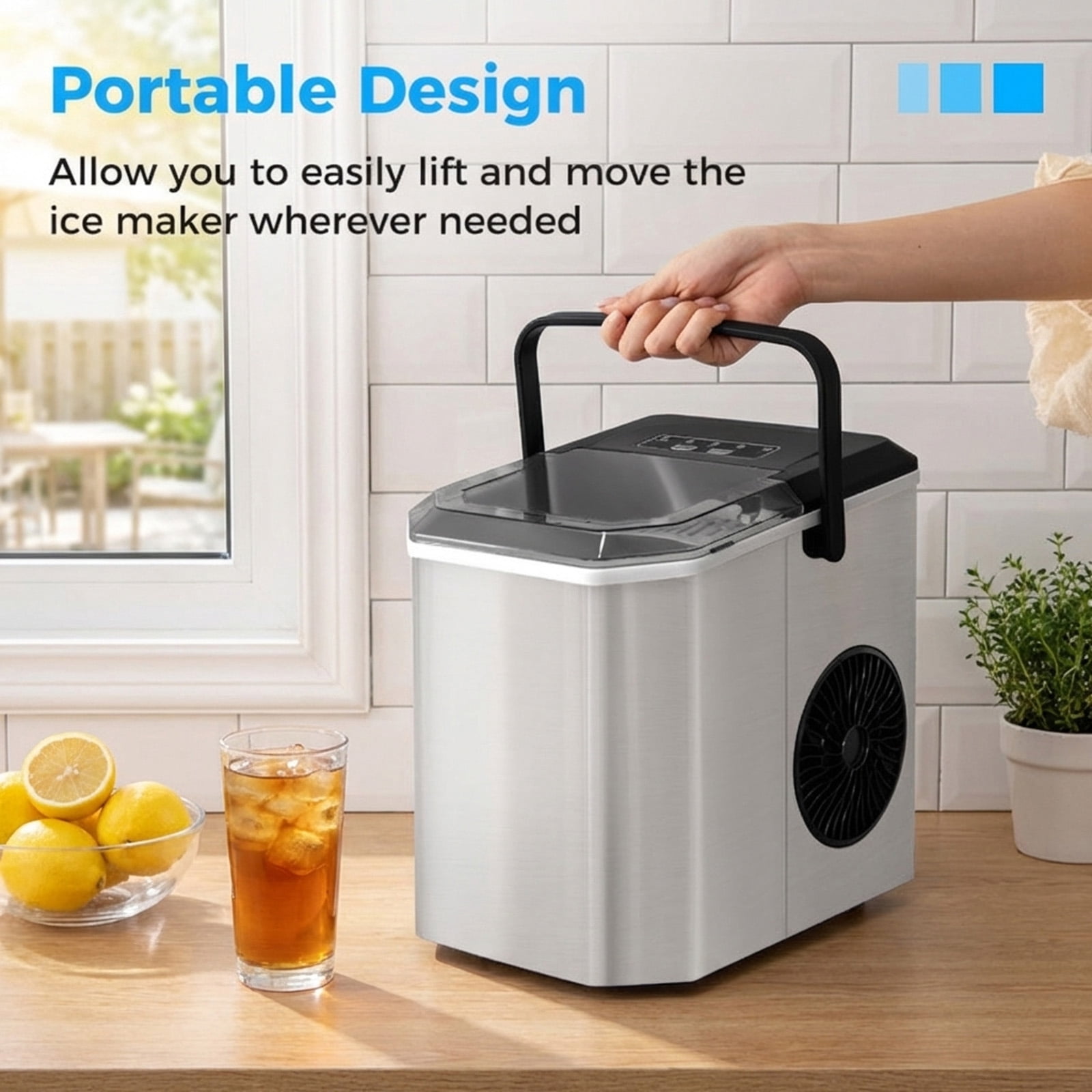 RUIE Countertop Ice Maker,Portable Ice Machine with 26.5 Lbs/Day Production and Self-Cleaning,2 Ice Sizes,One-Button Start,Bullet Ice Maker for Home Kitchen Office Party