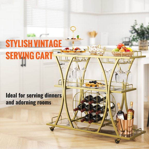 KFFKFF with Wine Rack Glass Holder 180 lbs 3 Tiers Gold Metal Bar Serving Cart