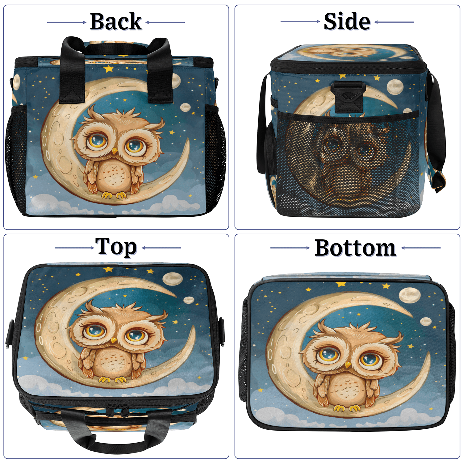 Herdesigns Night Moon Owl Large Lunch Box for Adults Women Men with Adjustable Shoulder Strap, Insulated Reusable Lunch Bag Leakproof Cooler Tote Bag