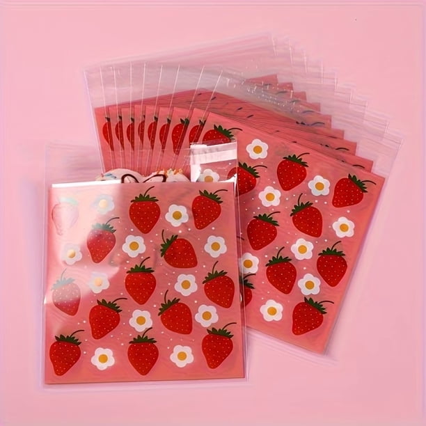 50 bolsas de regalo autoselladas con diseño floral de fresa, bolsas de plástico transparentes rojas for regalos pequeños, perfectas for cumpleaños, bodas y eventos