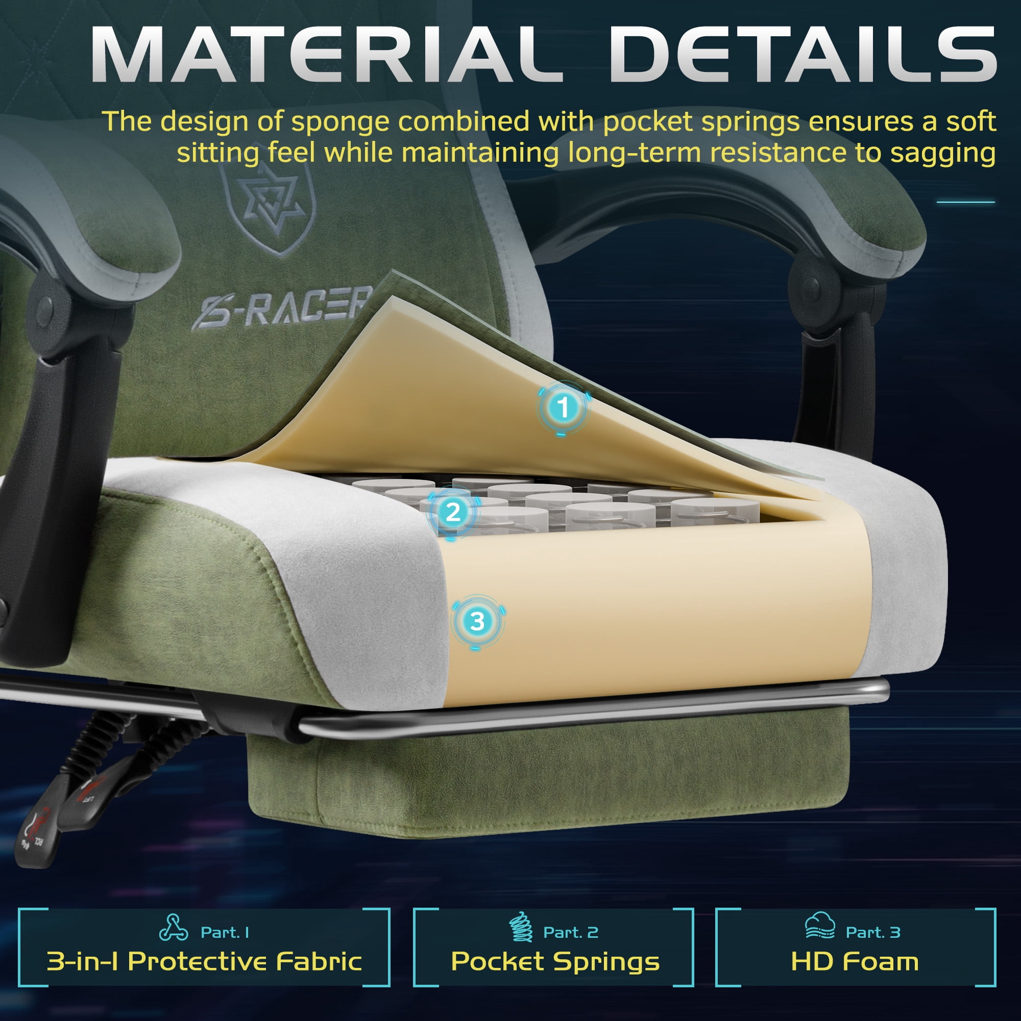 Homall Reclining Gaming Chair Premium Technical Fabric Massage Video Game Chair with Headrest, Lumber Support and Footrest, Green