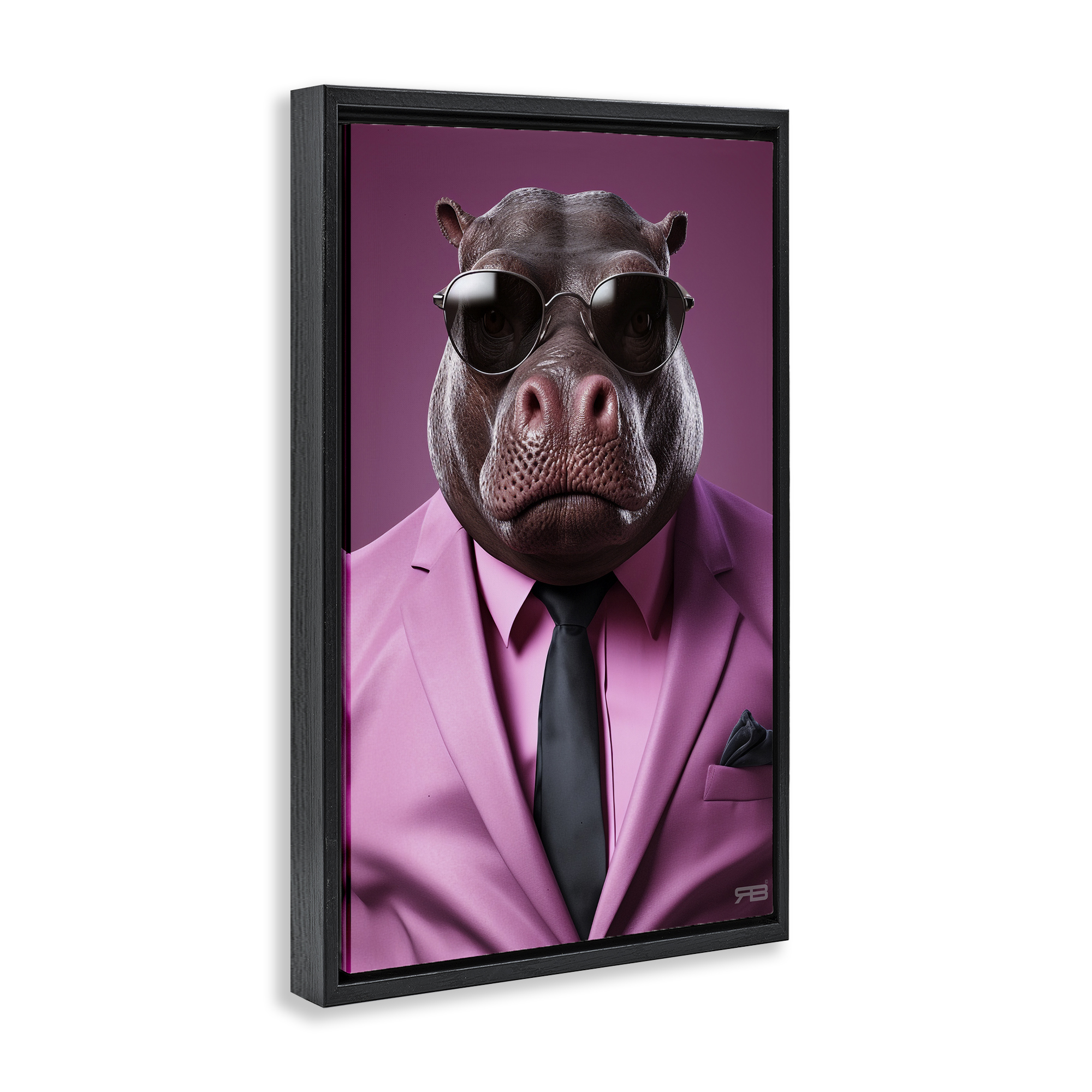 Stupell Industries Strong Hippo Purple Suit Animals & Insects Painting Black Floater Framed Canvas Art Print Wall Art, 21 x 31