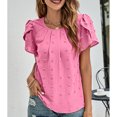 thumbnail image 4 of Women Round Neck Top Pleated Neckline Short Petal Sleeves Jacquard Fabric Casual Summer T Shirt Rose Red L, 4 of 8