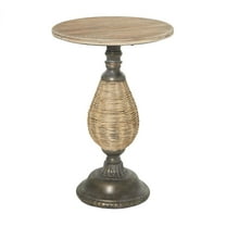 DecMode 15" x 22" Brown Wood Accent Table with Black Metal and Rattan Base, 1-Piece