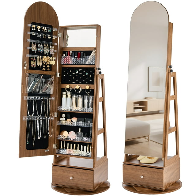 VEVOR 360° Swivel Jewelry Cabinet, 65.1-inch Tall, Full-Length Mirror with Storage, Standing Rotatable Jewelry Armoire Organizer, Lockable with 2 Keys, Accessory Pouches, Storage Shelves and Drawer