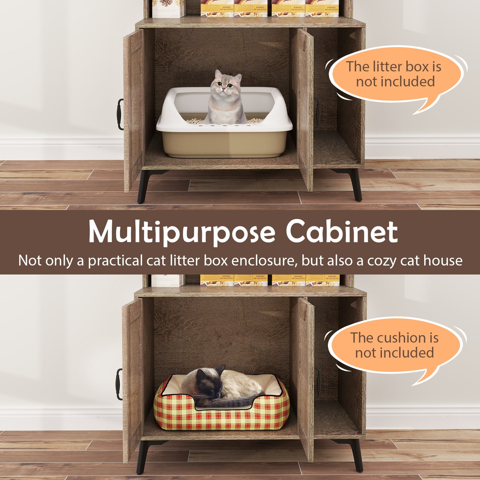 Gymax Large Cat Litter Box Enclosure w/ Display Storage Shelves Hidden Cat Furniture Oak