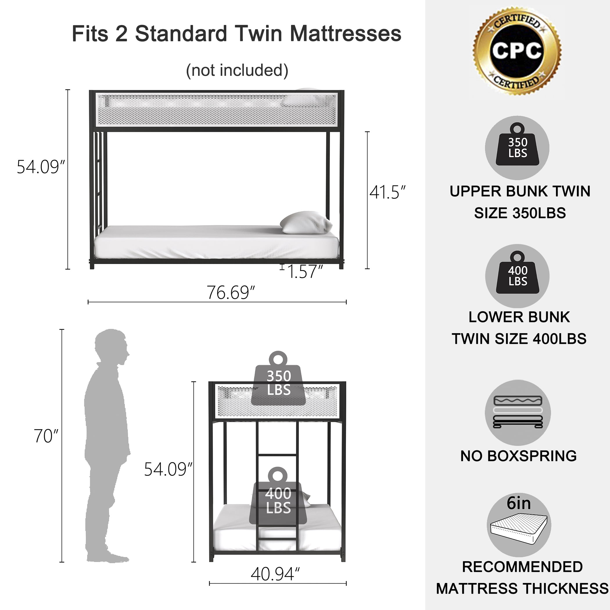 Miniyam Twin over Twin Bunk Bed with Mesh Guardrail for Kids and Teens, Black