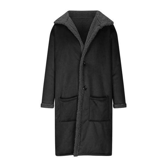 Lovskoo Men's Winter Jacket Lined Sherpa Jacket Solid Color Coats Long Sleeve Button Overcoat Long Jacket Black