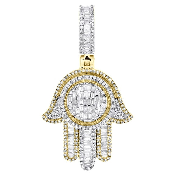 10K Yellow Gold Baguette Diamond Hamsa Hand Amulet Pendant 1.85" Charm 1.35 CT.